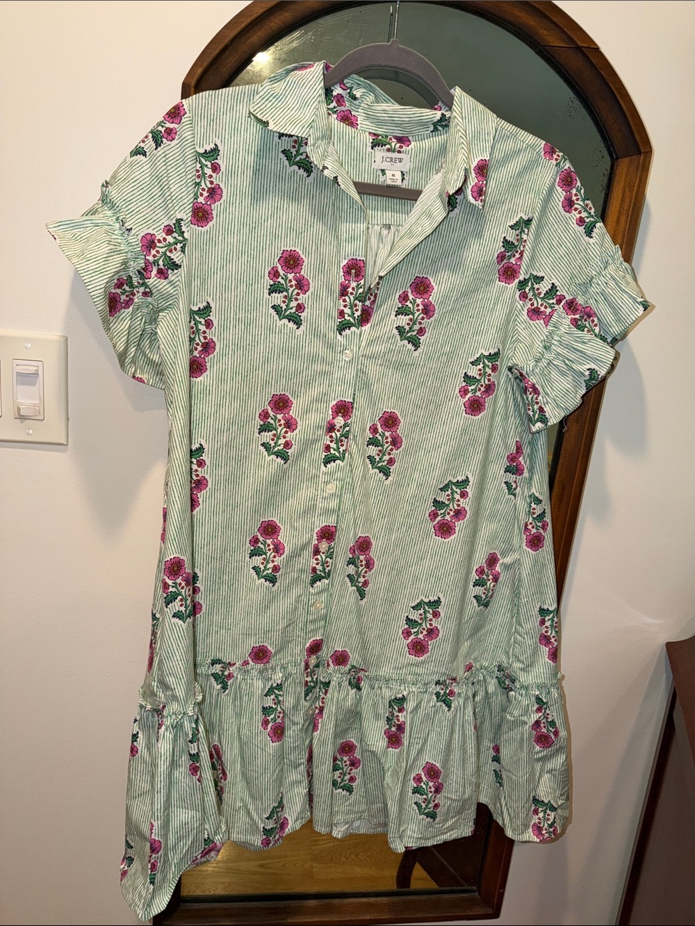 J. Crew Factory Green Striped Dress with Pink Floral Print Size 8